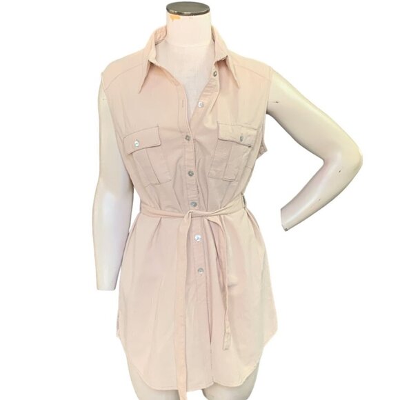 NWT African Mood Cotton Sleeveless Button Up Shirt Dress Tunic XL Beige 133i - Picture 1 of 10
